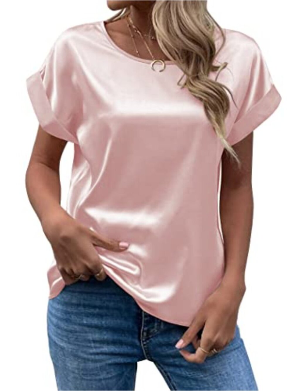 Satin Short Sleeve Roll Up Silk Blouse Women's Crewneck Tunic Top
